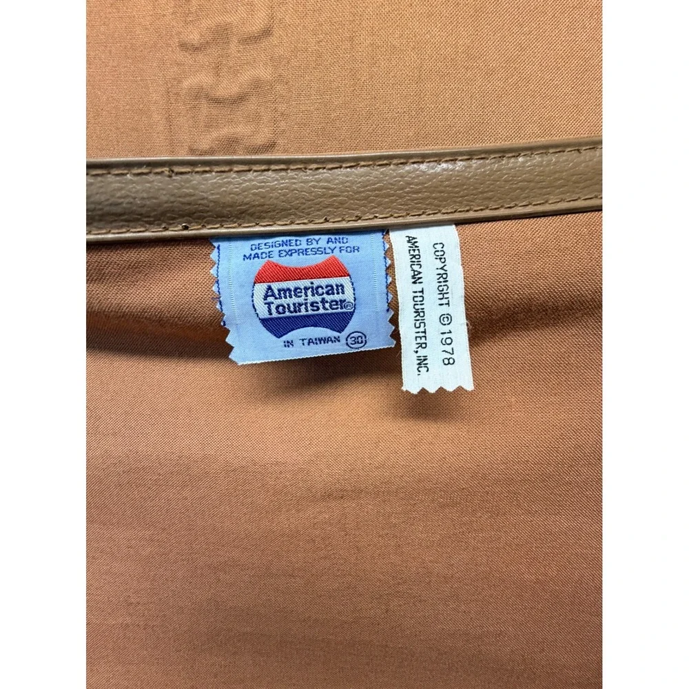 Vintage 1978 American Tourister Tan Faux Leather Suitcase Embossed Basketweave